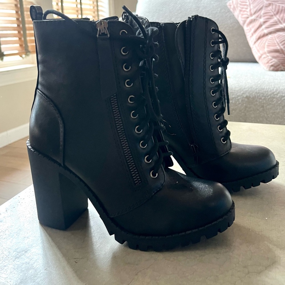 Black Heeled Lace-Up Combat Boot